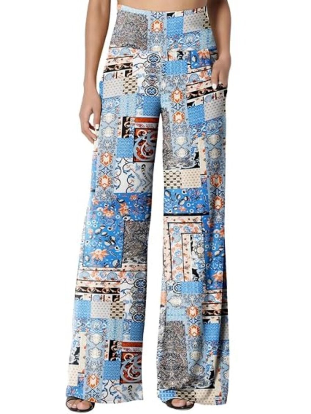 "Blue Patchwork" LNC Stretchy Wide Leg Lounge Palazzo Pants w/Pockets Size 3XL